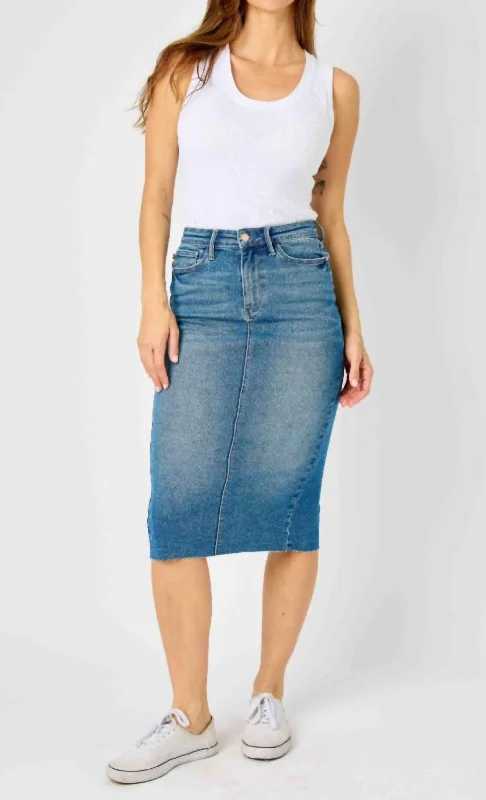 High Waist Mid Length Skirt In Medium Wash