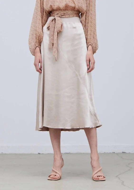 Pieced Biased Satin Midi Skirt In Champagne