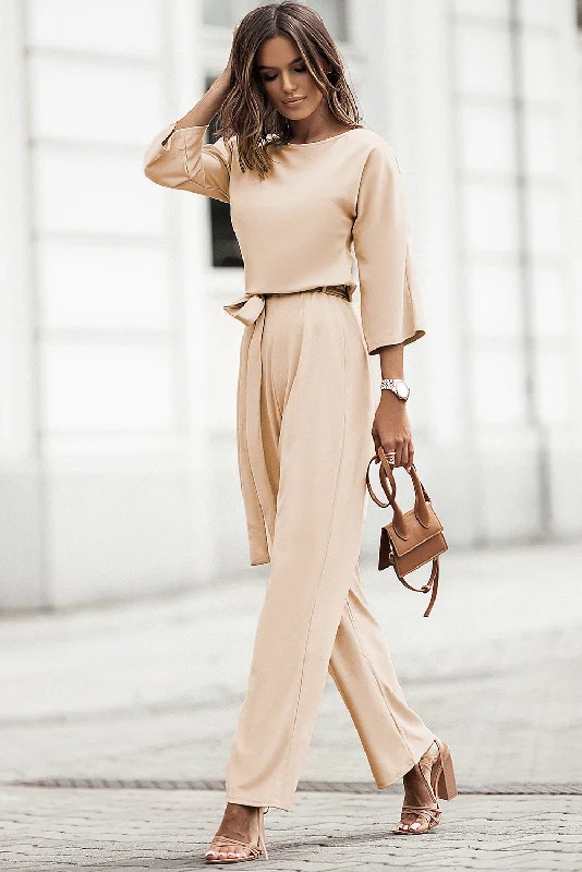 Bracelet Sleeve Waist Tie Wide Leg Jumpsuit