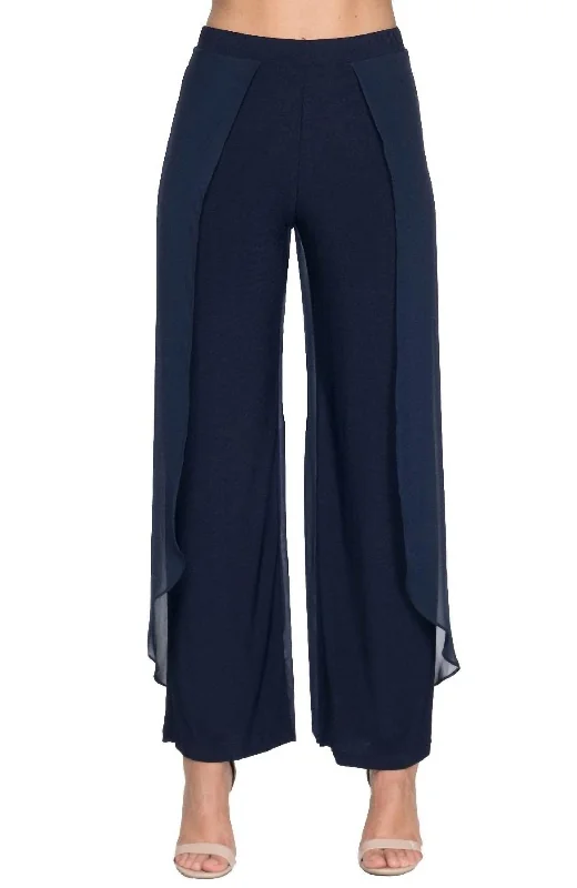 Pants With Chiffon Drapes In Navy