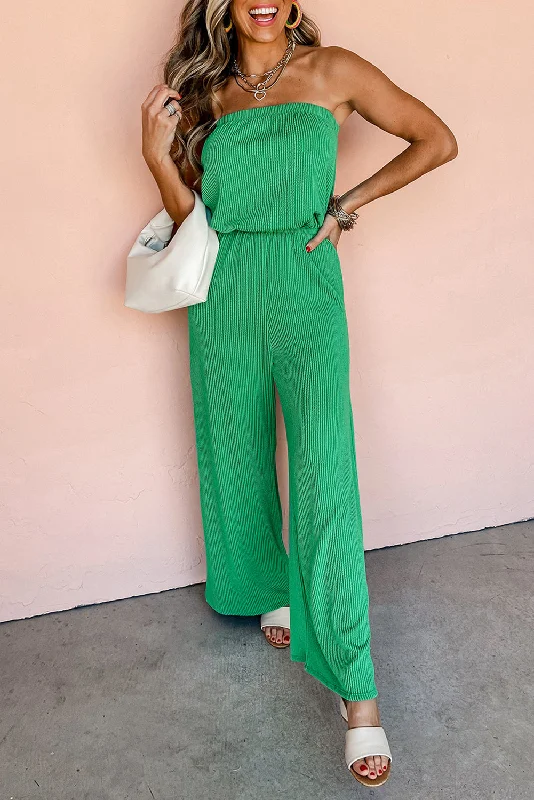 Sea Green Ribbed Strapless Wide Leg Jumpsuit