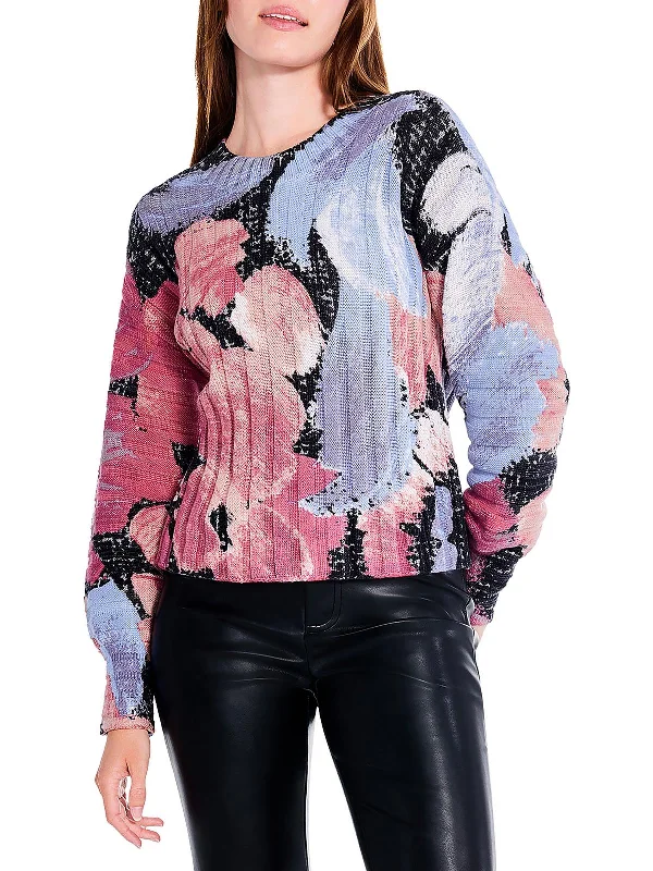 Autumn Bloom Womens Printed Ribbed Pullover Sweater