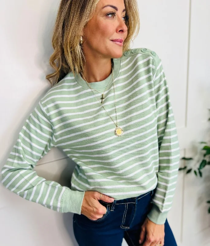 Green Striped Button Shoulder Sweatshirt