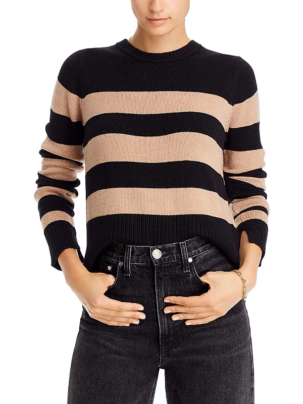 Womens Ribbed Trim Striped Crewneck Sweater