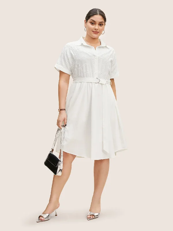 Broderie Anglaise Shirt Collar Belted Dress