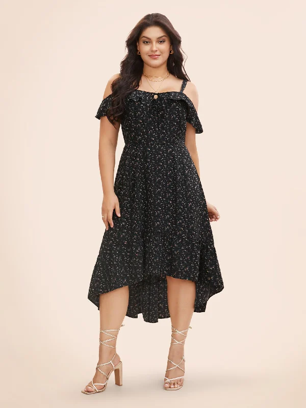 Ditsy Floral One Shoulder Neck Ruffles Dress