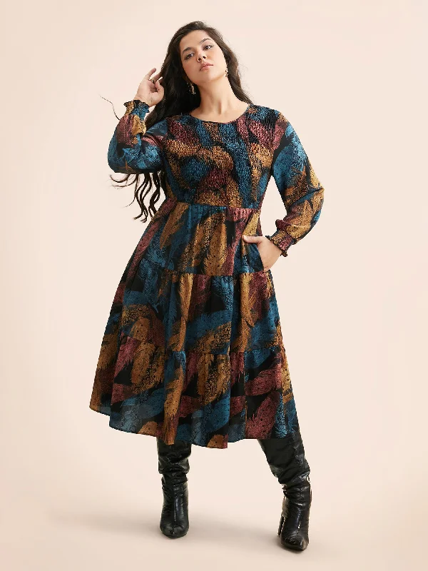 Feather Print Shirred Lantern Sleeve Dress