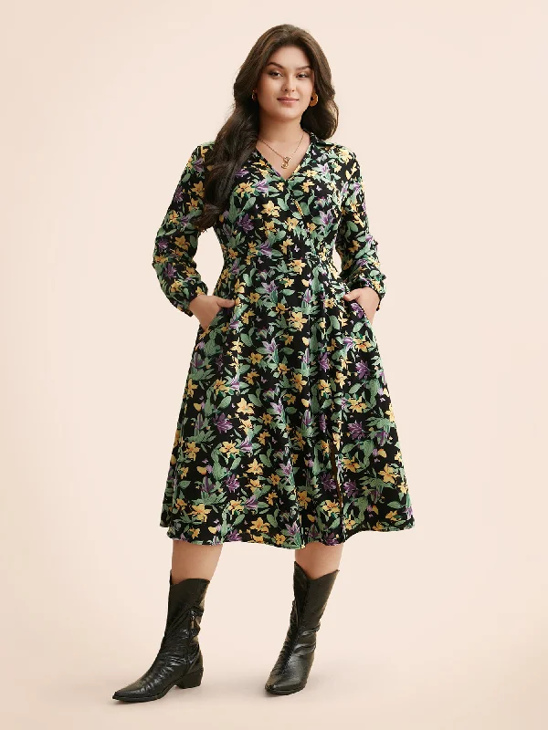 Floral Overlap Collar Lantern Sleeve Dress