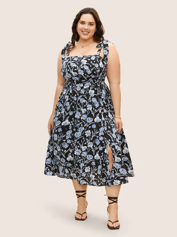 Floral Print Tie Knot Shirred Dress