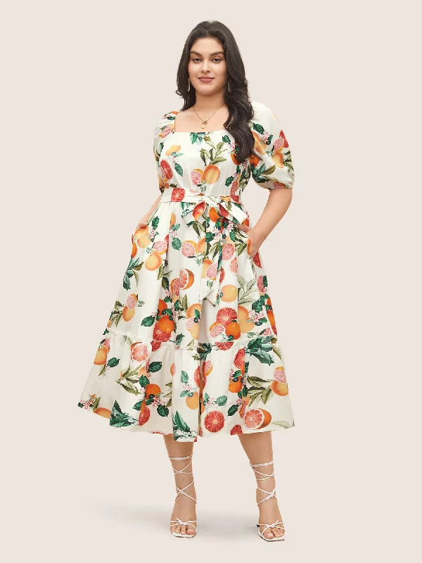 Citrus Orange Print Belted Frill Trim Gathered Dress