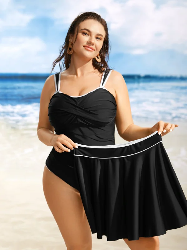 Heart Neckline Contrast Trim Two Piece Set Swim Dress