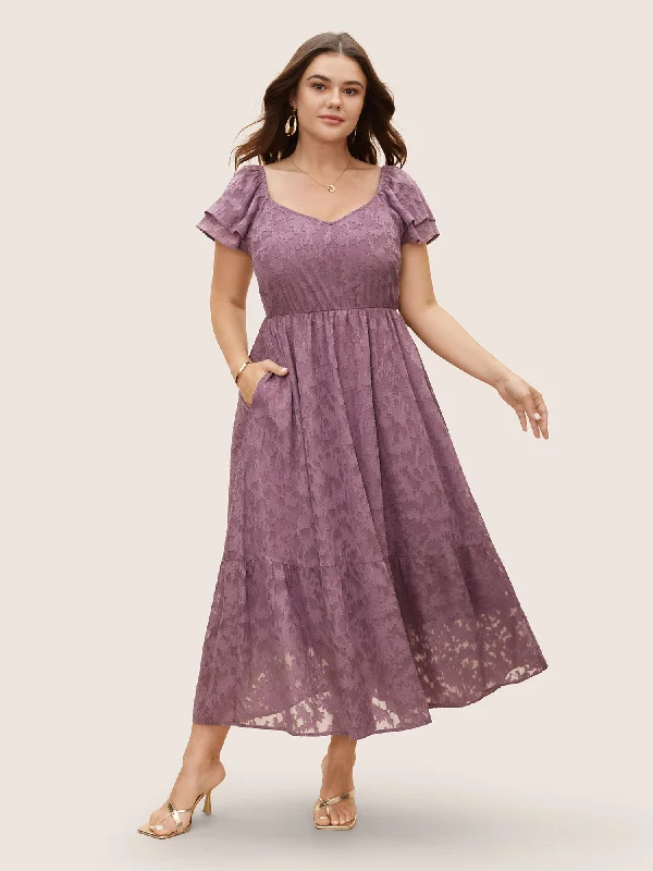 Heart Neckline Jacquard Tiered Ruffle Sleeve Dress