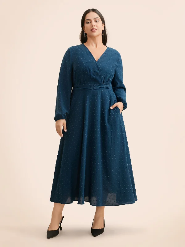 Overlap Collar Textured Ruched Dress