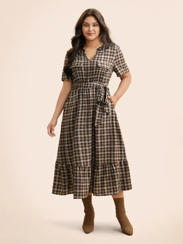 Plaid Ruffle Hem Flap Detail Belted Dress