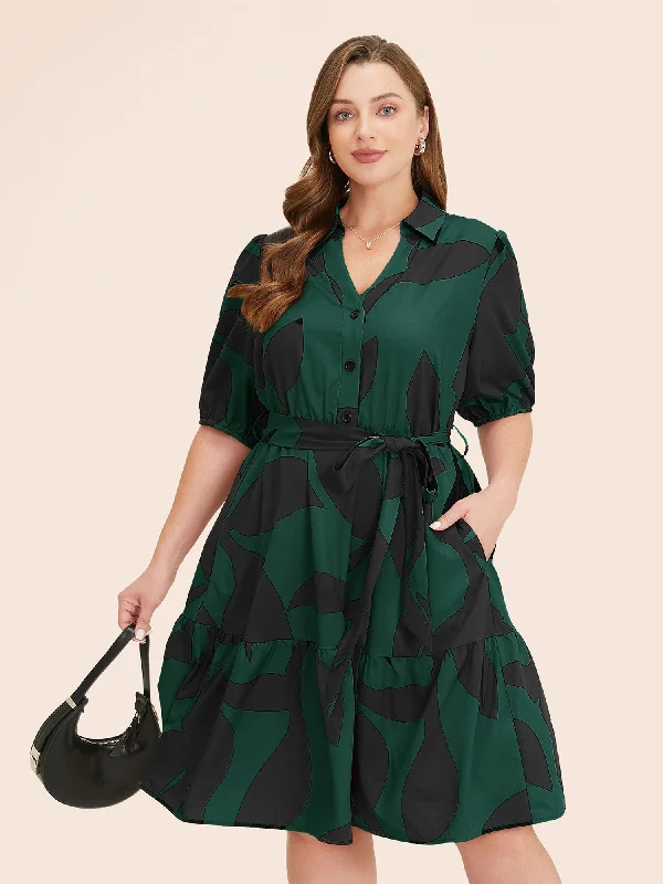 Plant Pocket Puff Sleeve Belt Ruffle Hem Button Up Dress