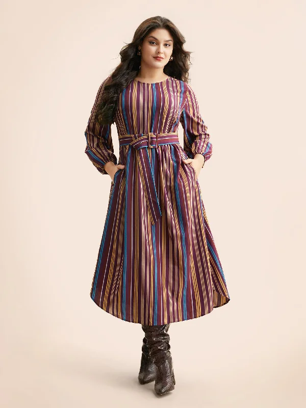 Round Neck Contrast Striped Belted Dress