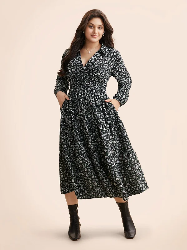 Shirt Collar Ditsy Floral Shirred Dress