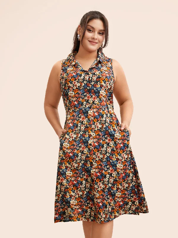 Shirt Collar Ditsy Floral Sleeveless Dress