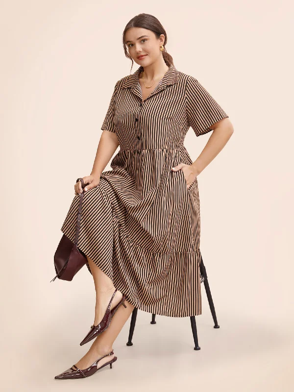 Shirt Collar Striped Ruffle Hem Dress