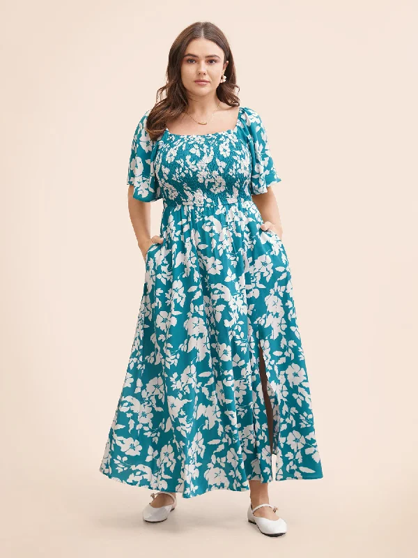 Silhouette Floral Print Shirred Frill Trim Dress