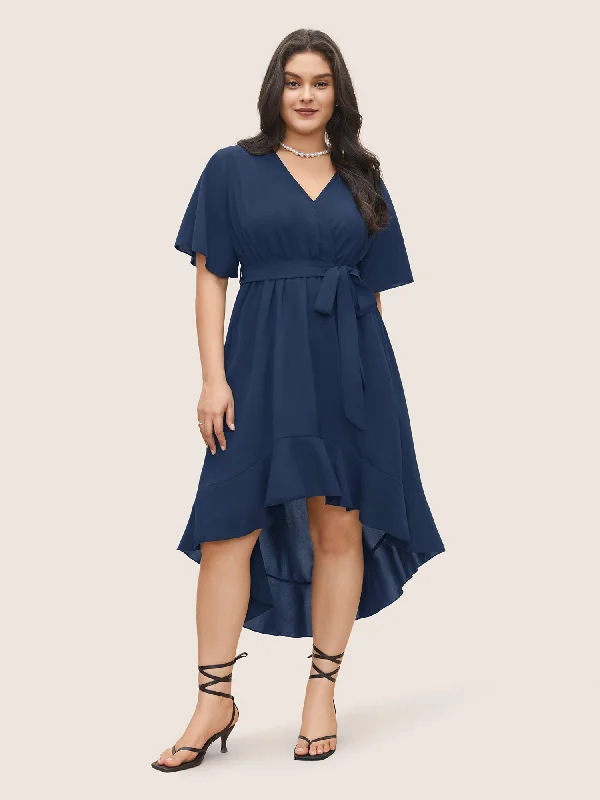 Bloom Dress - Solid Tie Surplice Ruffle High Low Dress