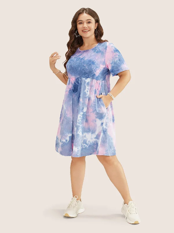 Tie Dye Pocket Ruffle Hem Knee Dress