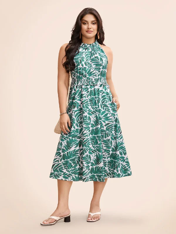 Tropical Print Shirred Frill Trim Sleeveless Dress