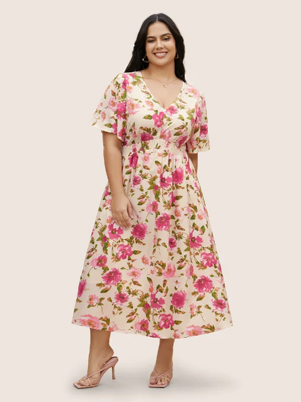 V Neck Floral Shirred Flutter Sleeve Dress