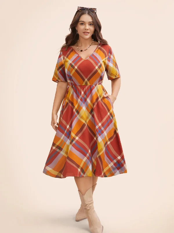 V Neck Plaid Ruffle Sleeve Dress