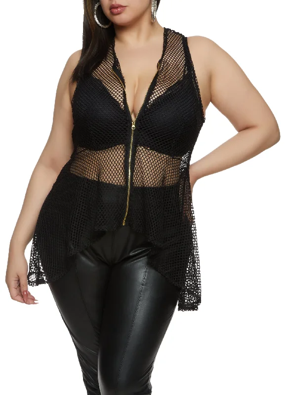 Plus Size Fishnet Zip Front High Low Top