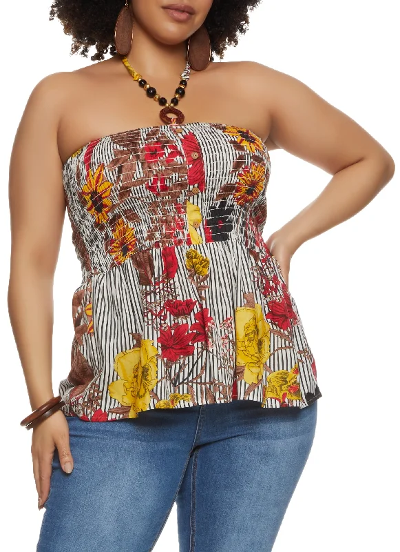 Plus Size Striped Floral Print Smocked Halter Top