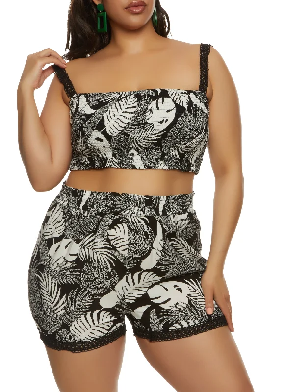 Plus Size Tropical Print Smocked Crop Top