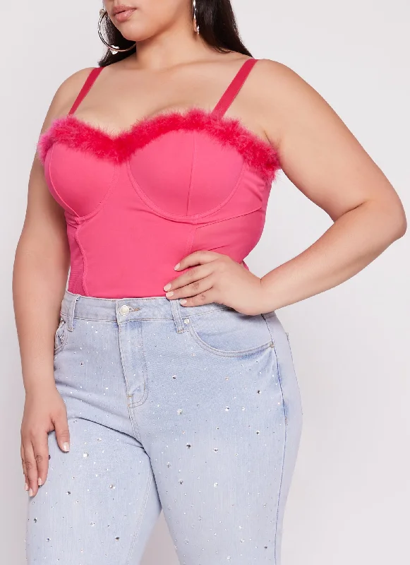 Plus Size Faux Fur Trim Zip Back Bustier Top