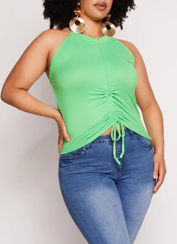 Plus Size Ruched Drawstring Halter Top