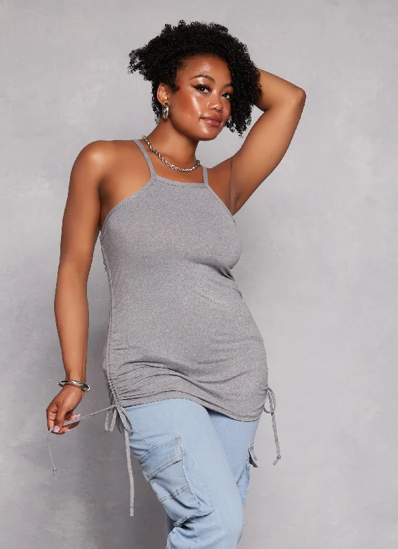 Plus Size Drawstring Ruched High Neck Tank Top