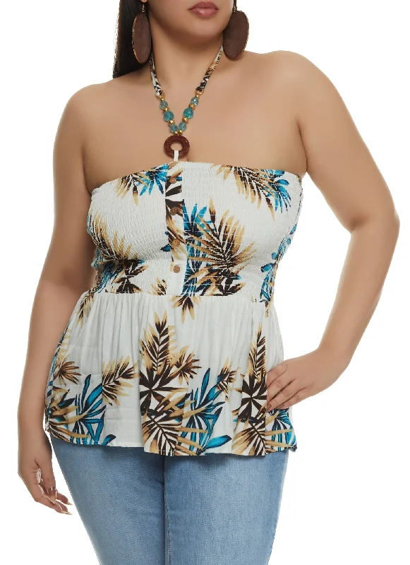 Plus Size Tropical Print Smocked Halter Top