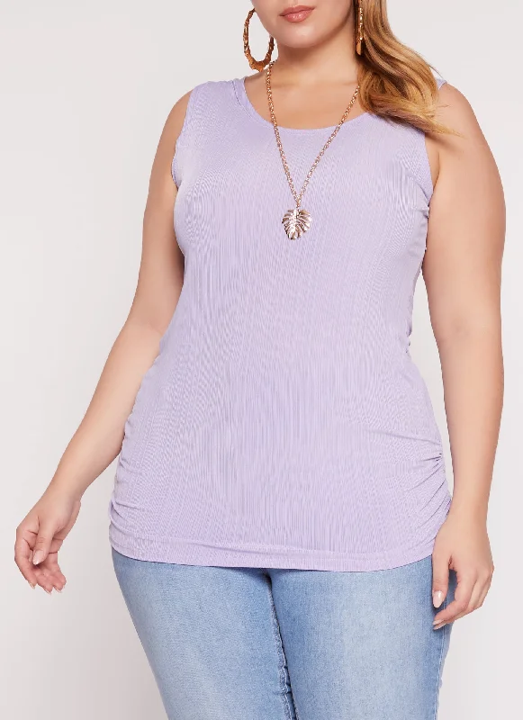 Plus Size Rib Knit Ruched Tank Top with Necklace