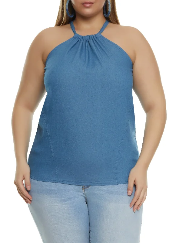 Plus Size Solid Denim Halter Top