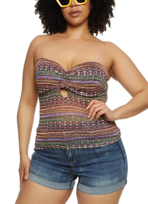 Plus Size Printed Laser Cut Sheer Strapless Top