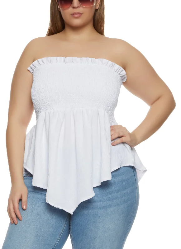 Plus Size Hanky Hem Smocked Strapless Top