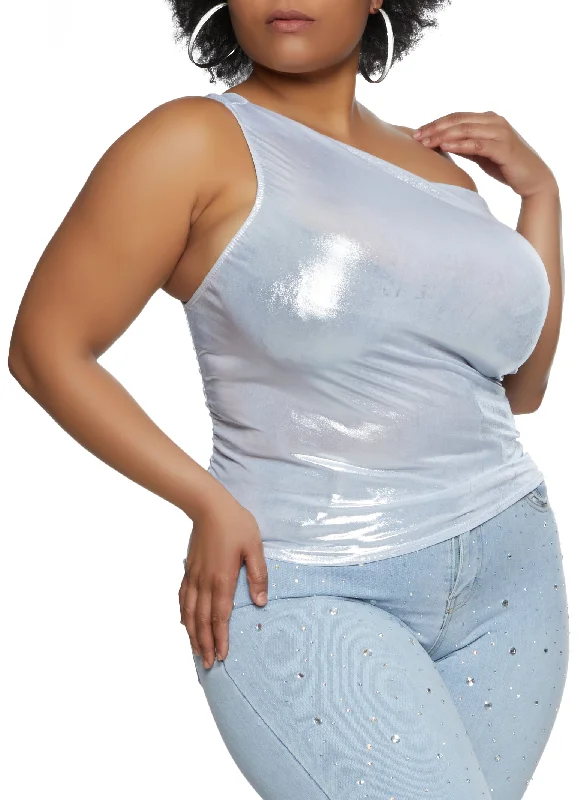 Plus Size Metallic Foil Ruched One Shoulder Top