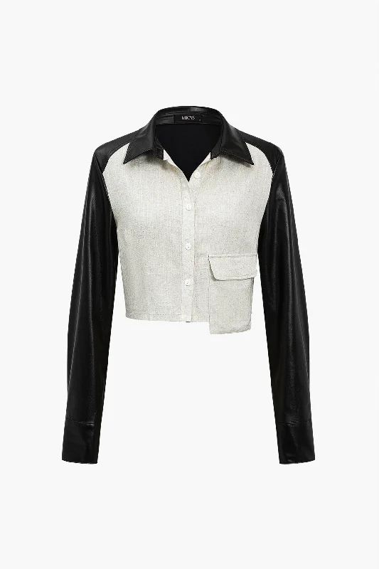 Solid Asymmetrical Faux Leather Patchwork Pocket Long-Sleeve Shirt