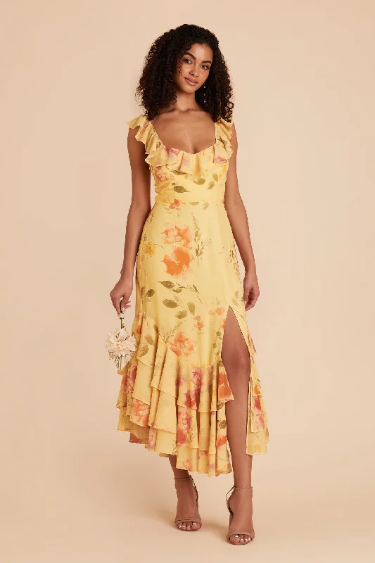 Ginny Chiffon Dress - Pale Yellow Rococo Floral