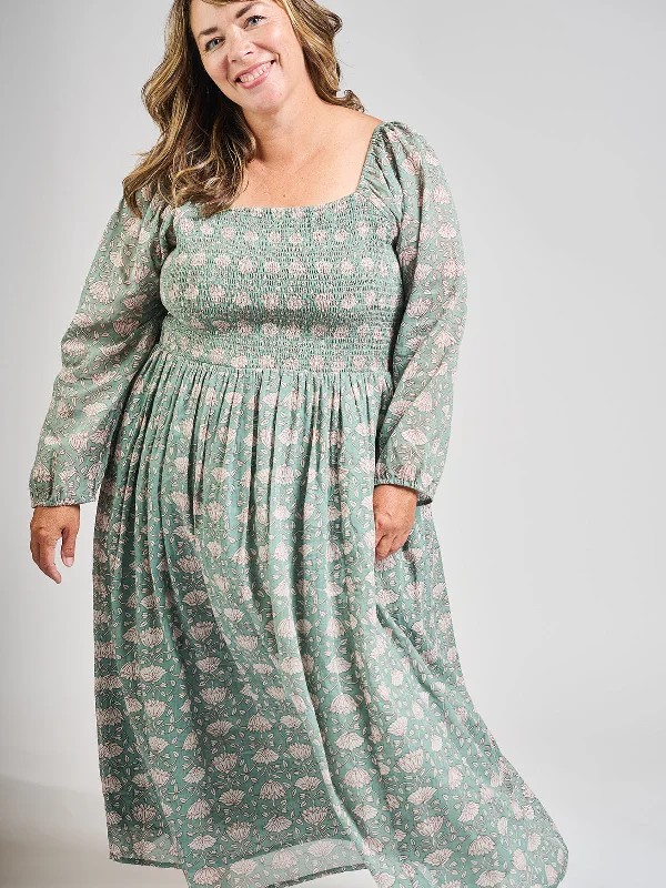 Hailee Smocked Plus Size Midi Dress - Aegean Teal Floral