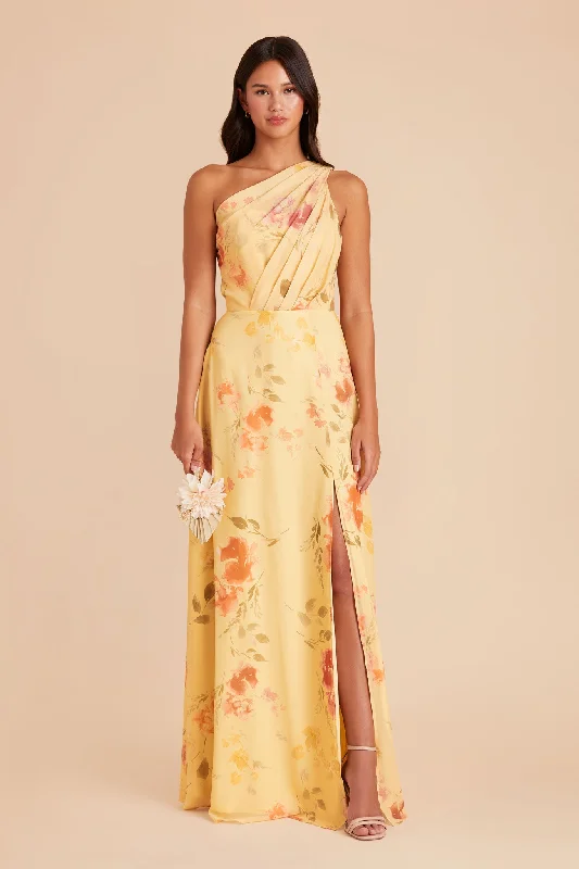 Kira Dress With Slit - Pale Yellow Rococo Floral