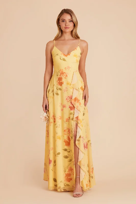 Theresa Chiffon Dress - Pale Yellow Rococo Floral